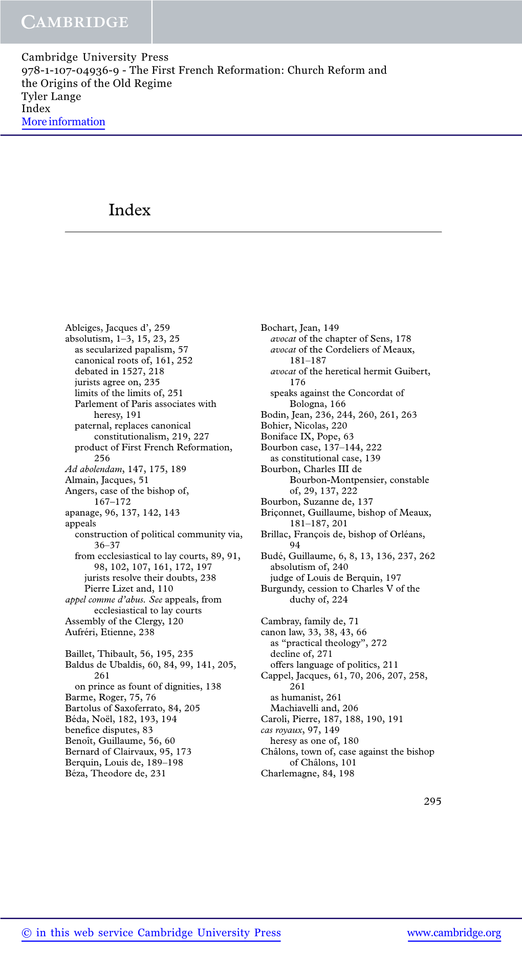 The First French Reformation: Church Reform and the Origins of the Old Regime Tyler Lange Index More Information