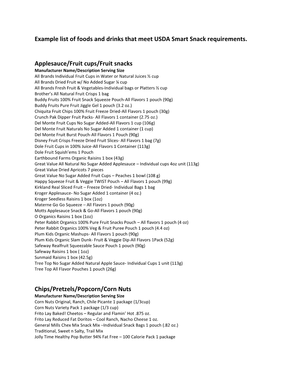 Example List of Foods and Drinks That Meet USDA Smart Snack Requirements