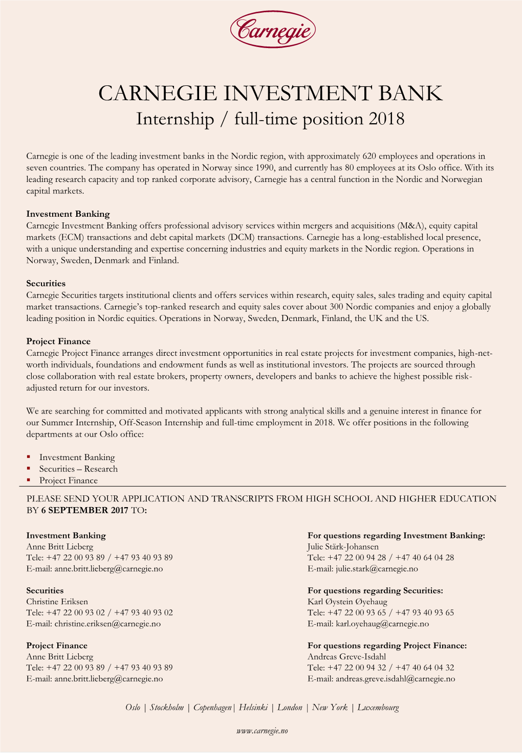 CARNEGIE INVESTMENT BANK Internship / Full-Time Position 2018