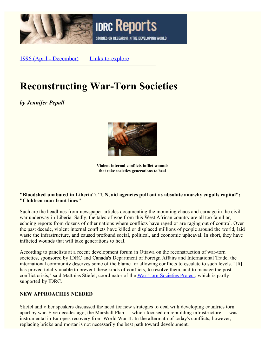 Reconstructing War-Torn Societies by Jennifer Pepall