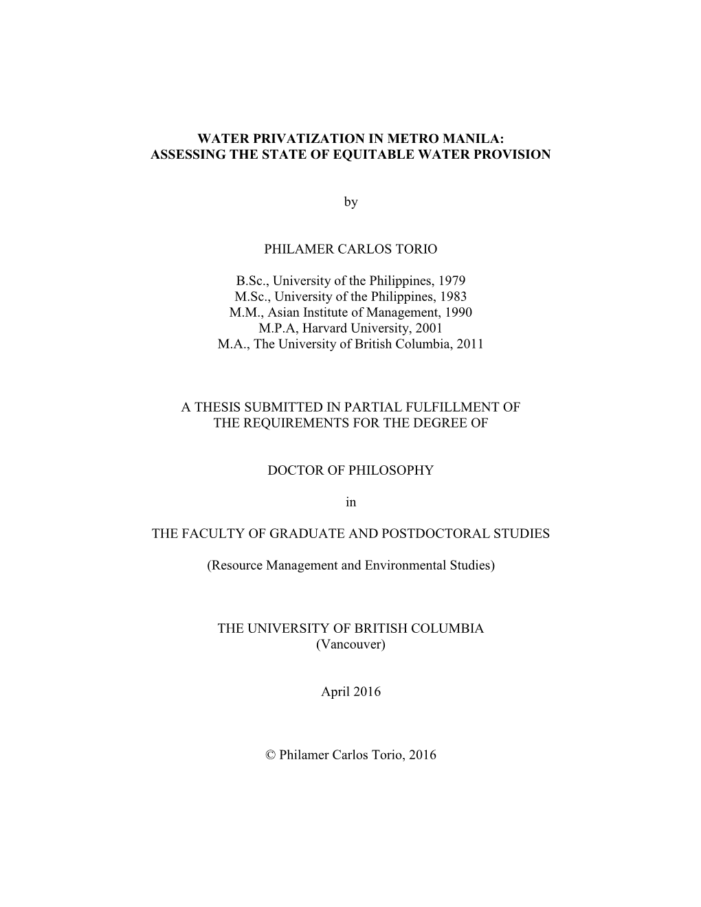 Water Privatization in Metro Manila: Assessing the State of Equitable Water Provision