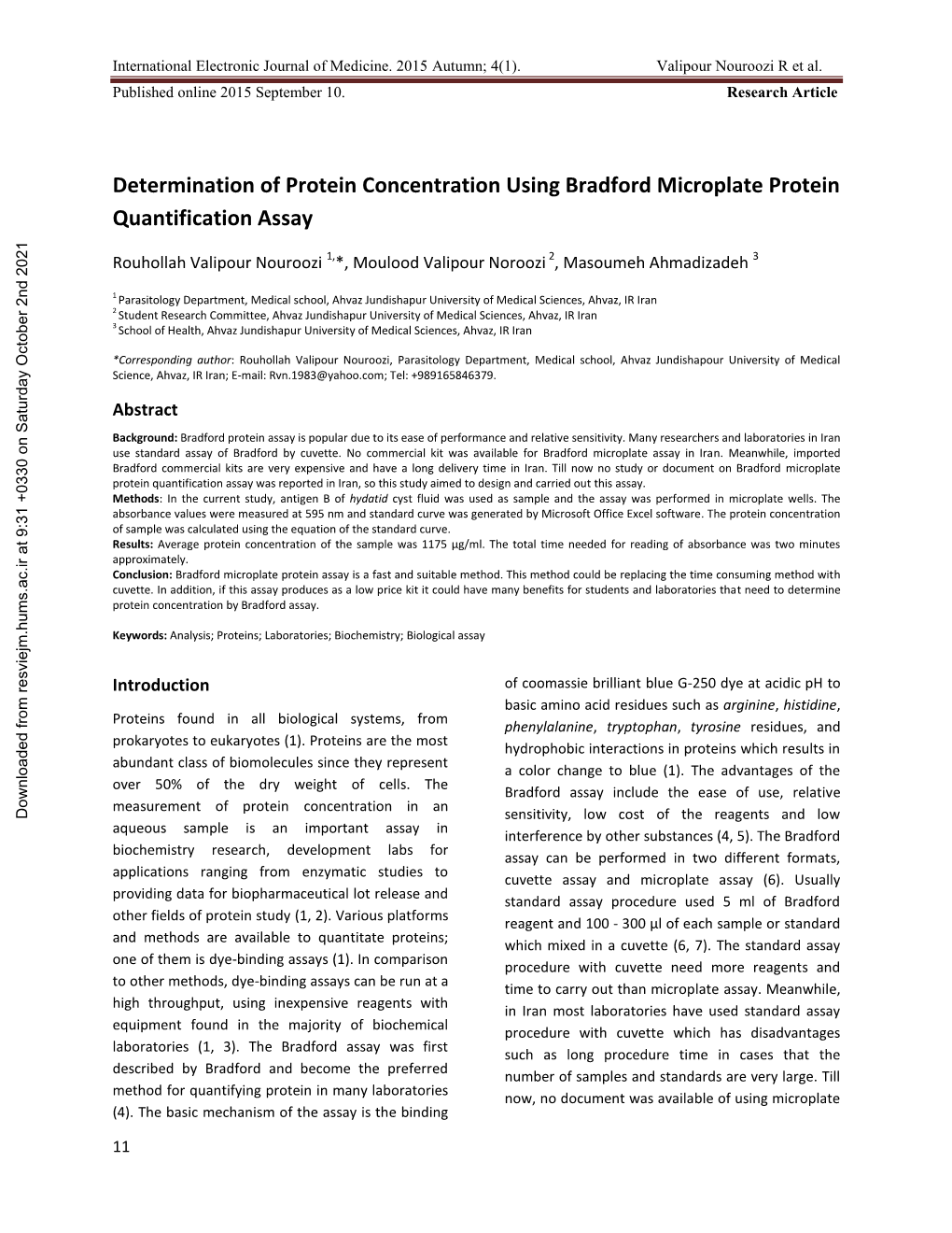 Determination of Protein Concentration Using Bradford Microplate Protein Quantification Assay