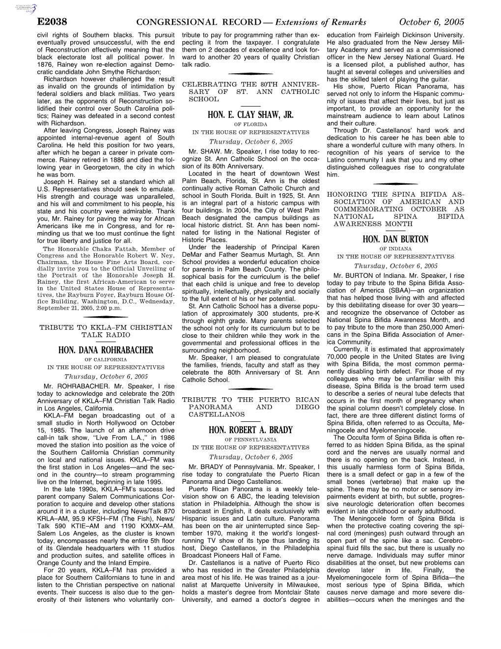 CONGRESSIONAL RECORD— Extensions of Remarks E2038 HON. DANA ROHRABACHER HON. E. CLAY SHAW, JR. HON. ROBERT A. BRADY HON. DAN B