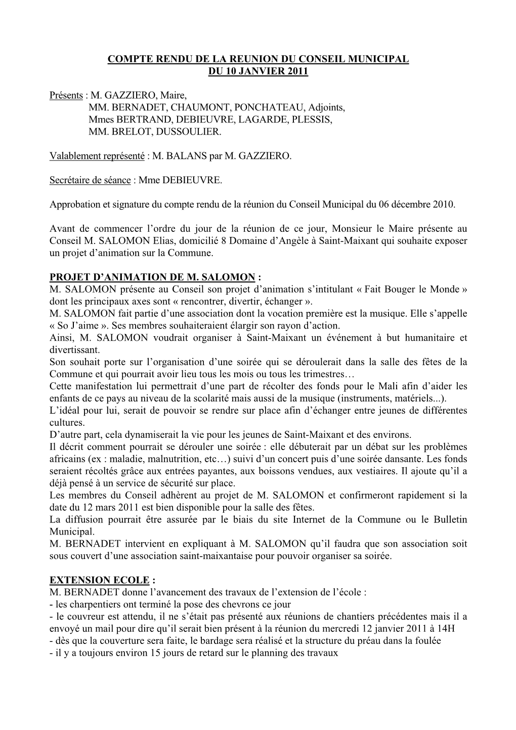 Compte Rendu De La Reunion Du Conseil Municipal Du 10 Janvier 2011