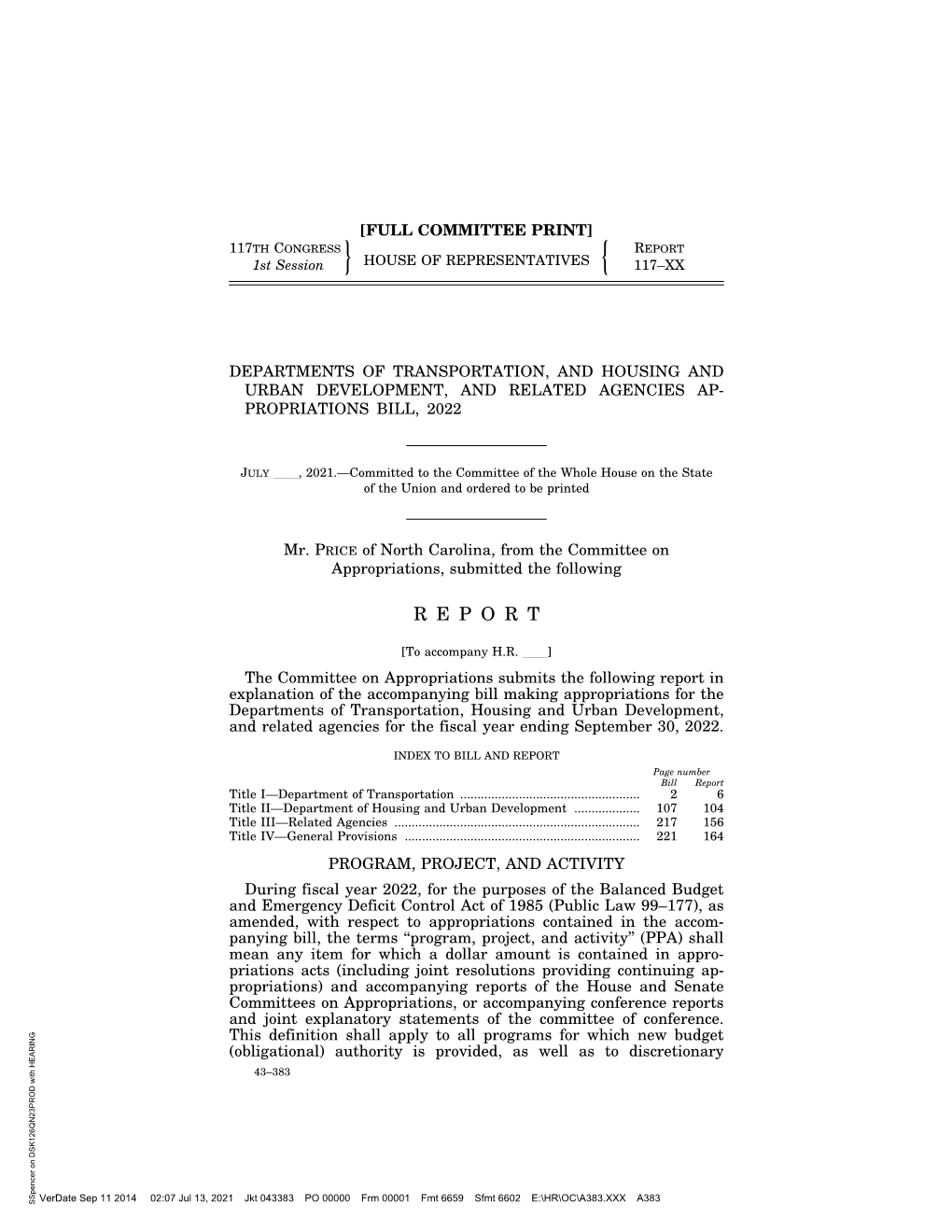 Transportation, Housing and Urban Development Appropriations Bill For