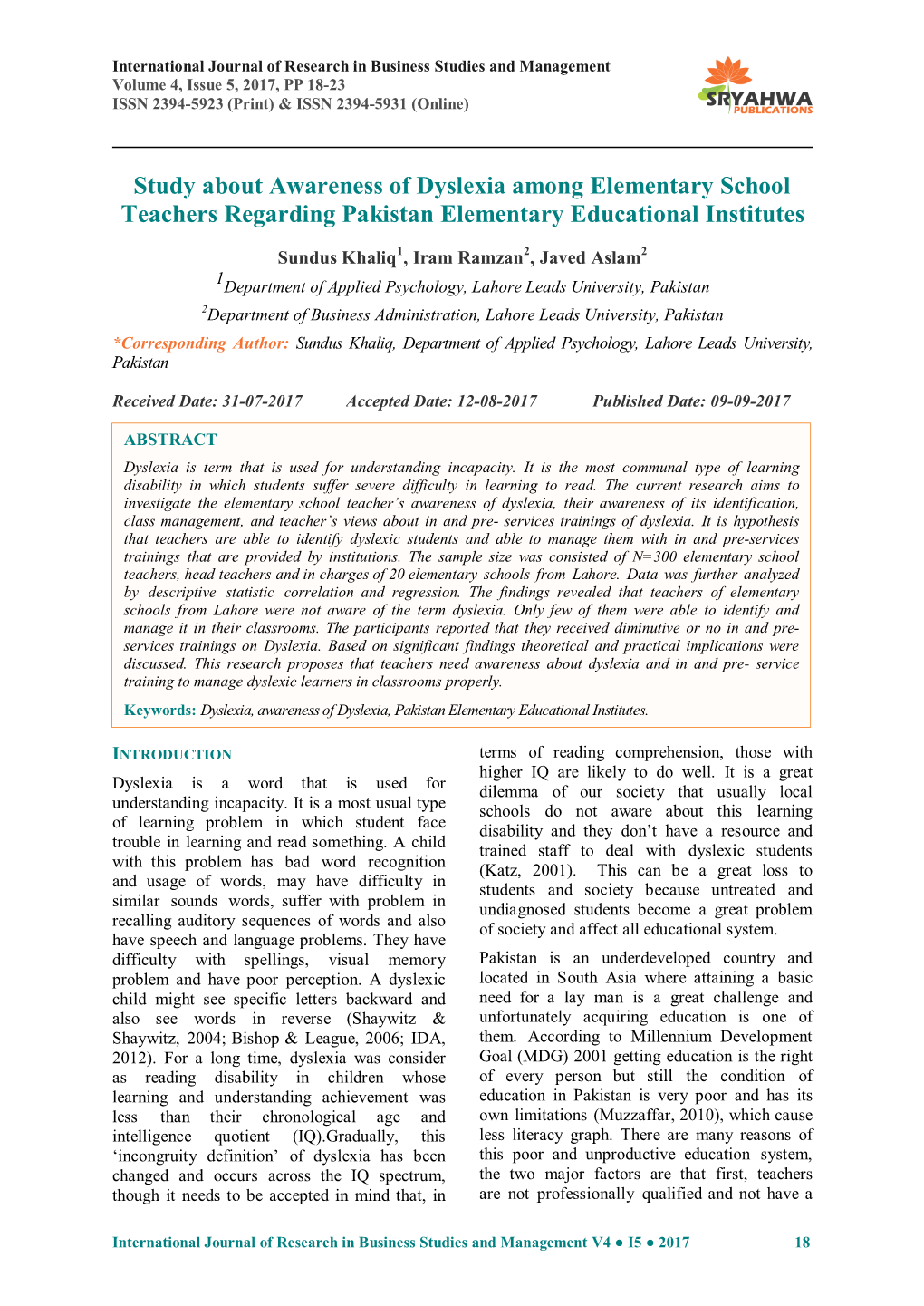 Study About Awareness of Dyslexia Among Elementary School Teachers Regarding Pakistan Elementary Educational Institutes