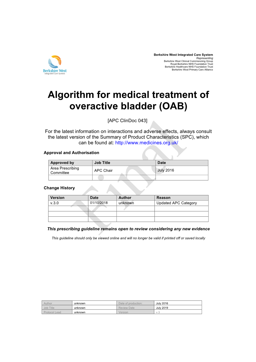 Algorithm for Medical Treatment of Overactive Bladder (OAB)