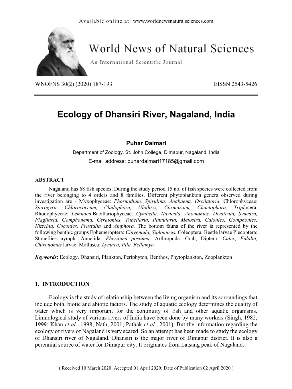Ecology of Dhansiri River, Nagaland, India