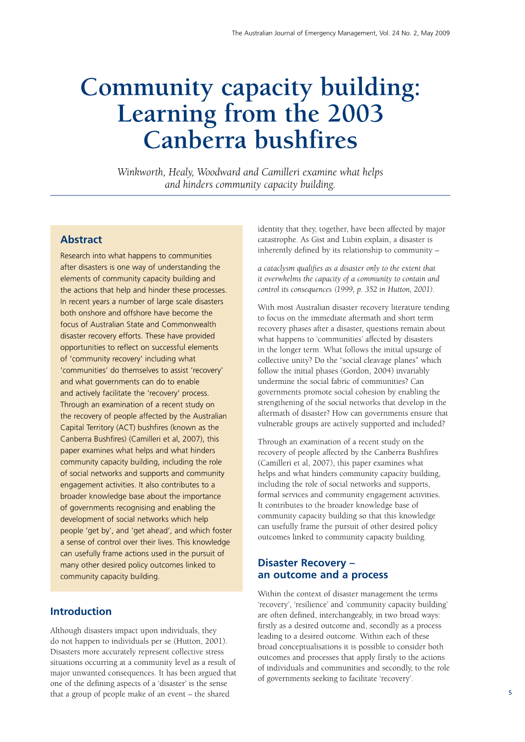 Community Capacity Building: Learning from the 2003 Canberra Bushfires