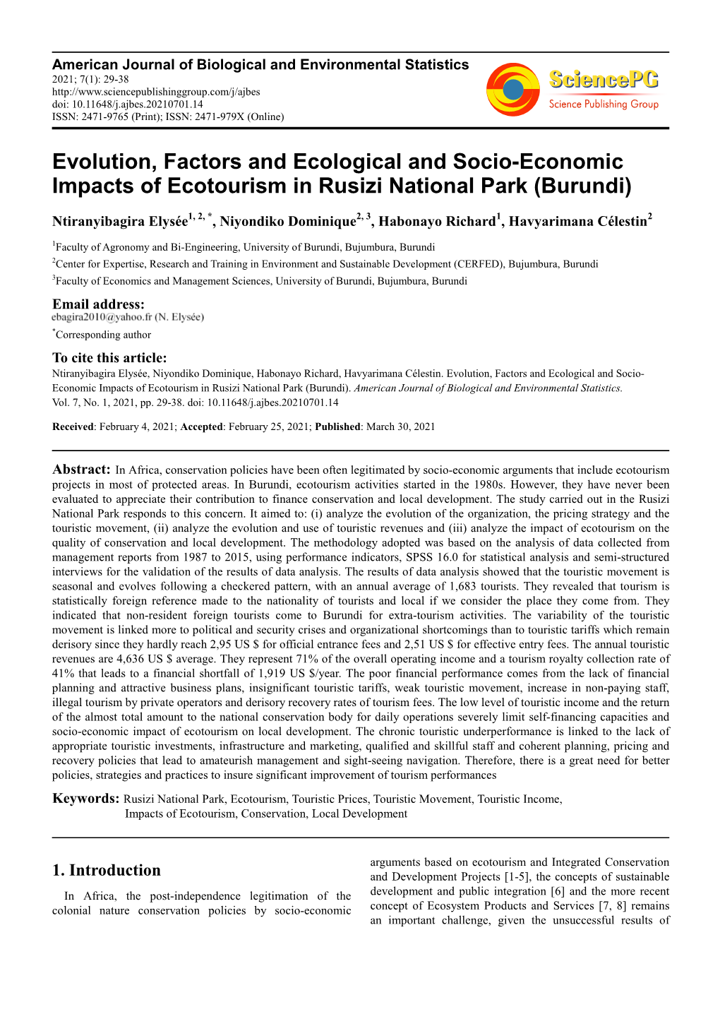 Evolution, Factors and Ecological and Socio-Economic Impacts of Ecotourism in Rusizi National Park (Burundi)