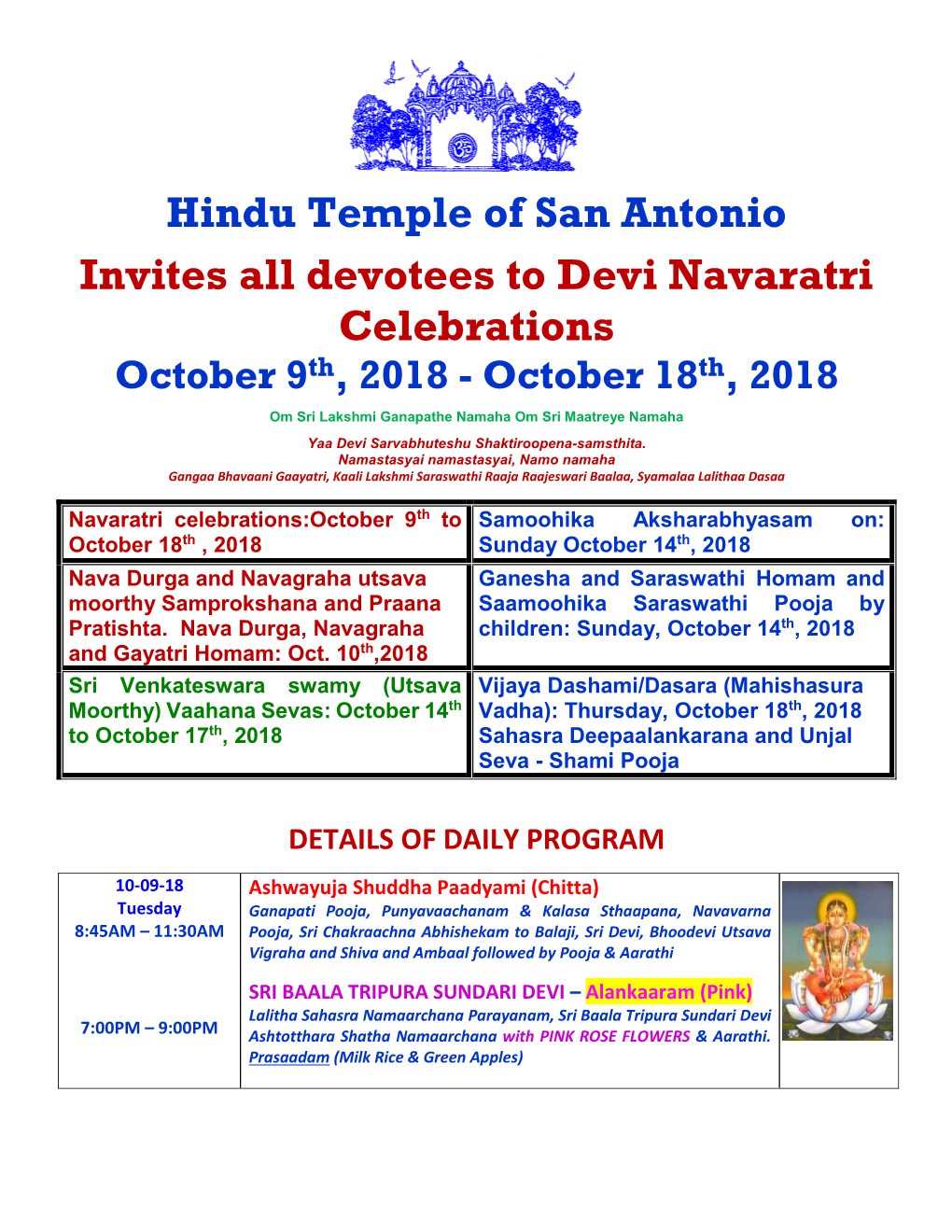 Hindu Temple of San Antonio Invites All Devotees to Devi Navaratri