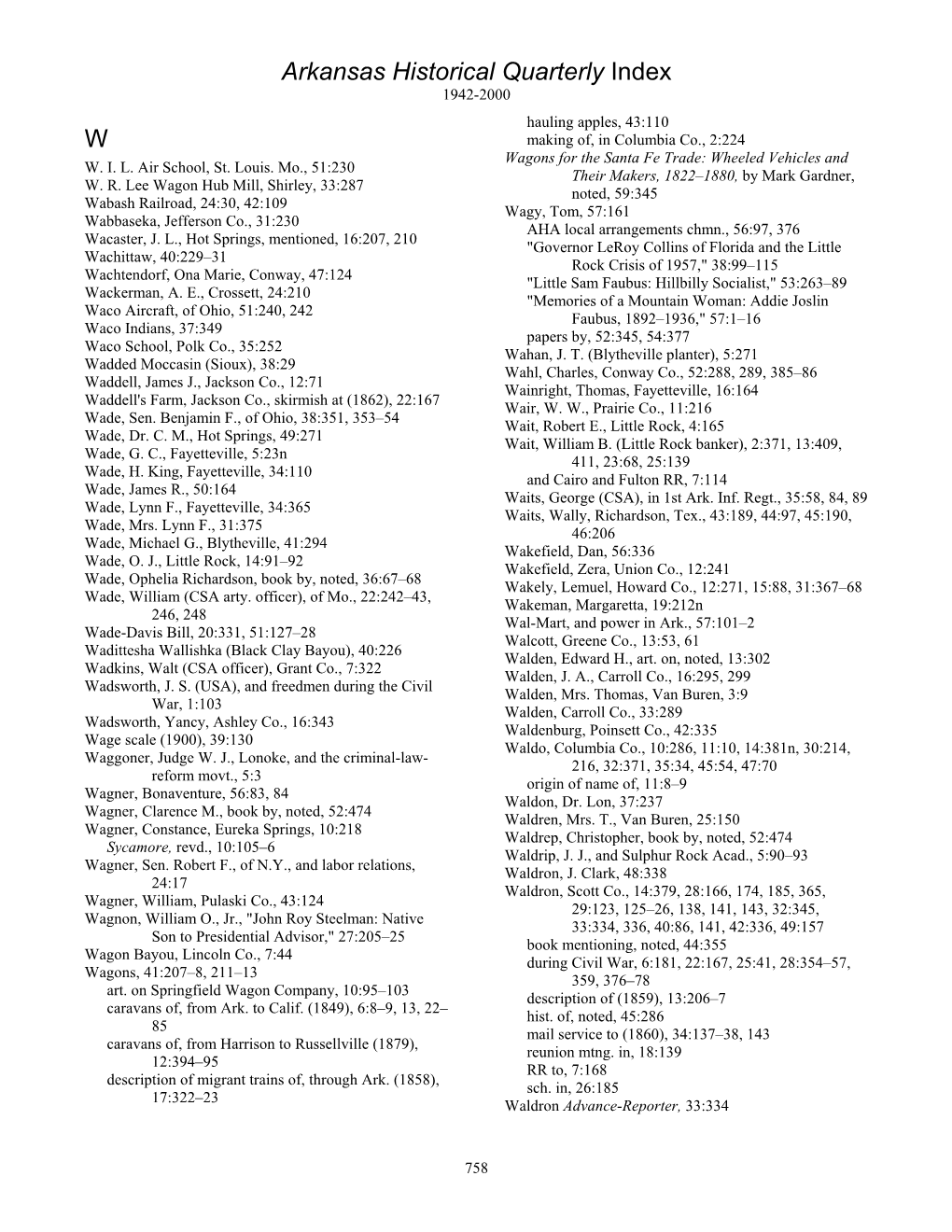 Arkansas Historical Quarterly Index W