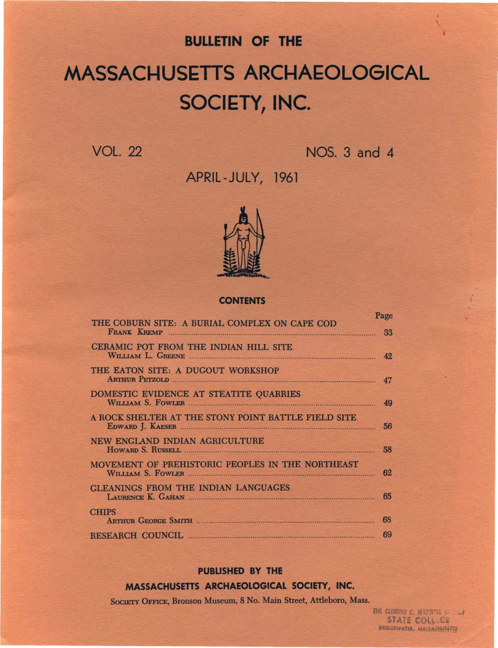 Bulletin of the Massachusetts Archaeological Society, Vol. 22, No