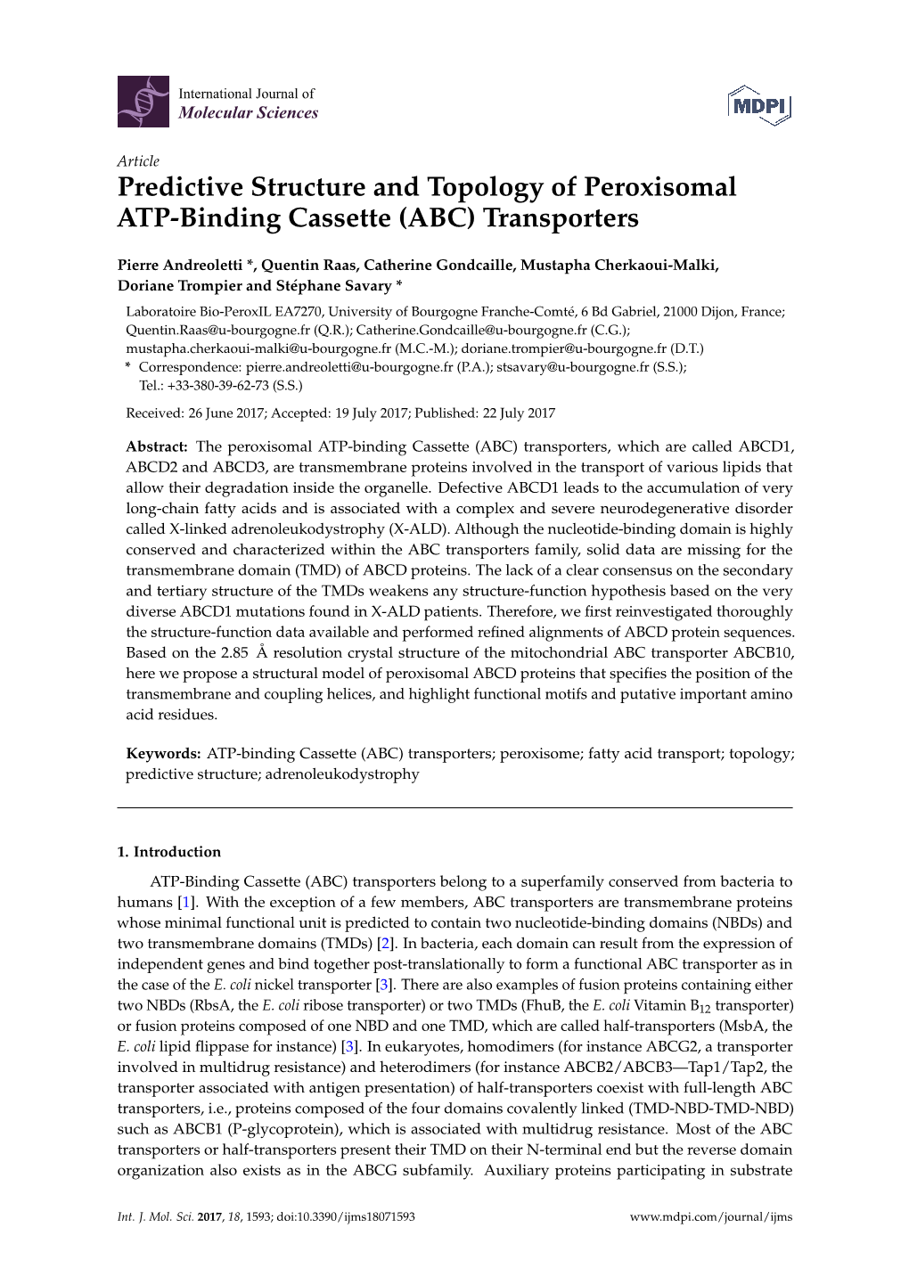 Predictive Structure and Topology of Peroxisomal ATP-Binding Cassette (ABC) Transporters