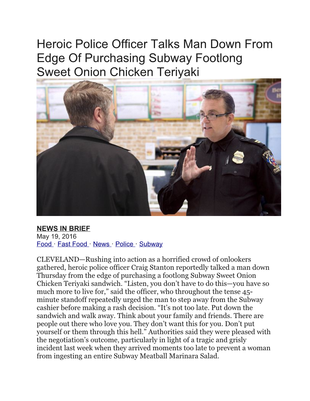 Food Fast Food News Police Subway