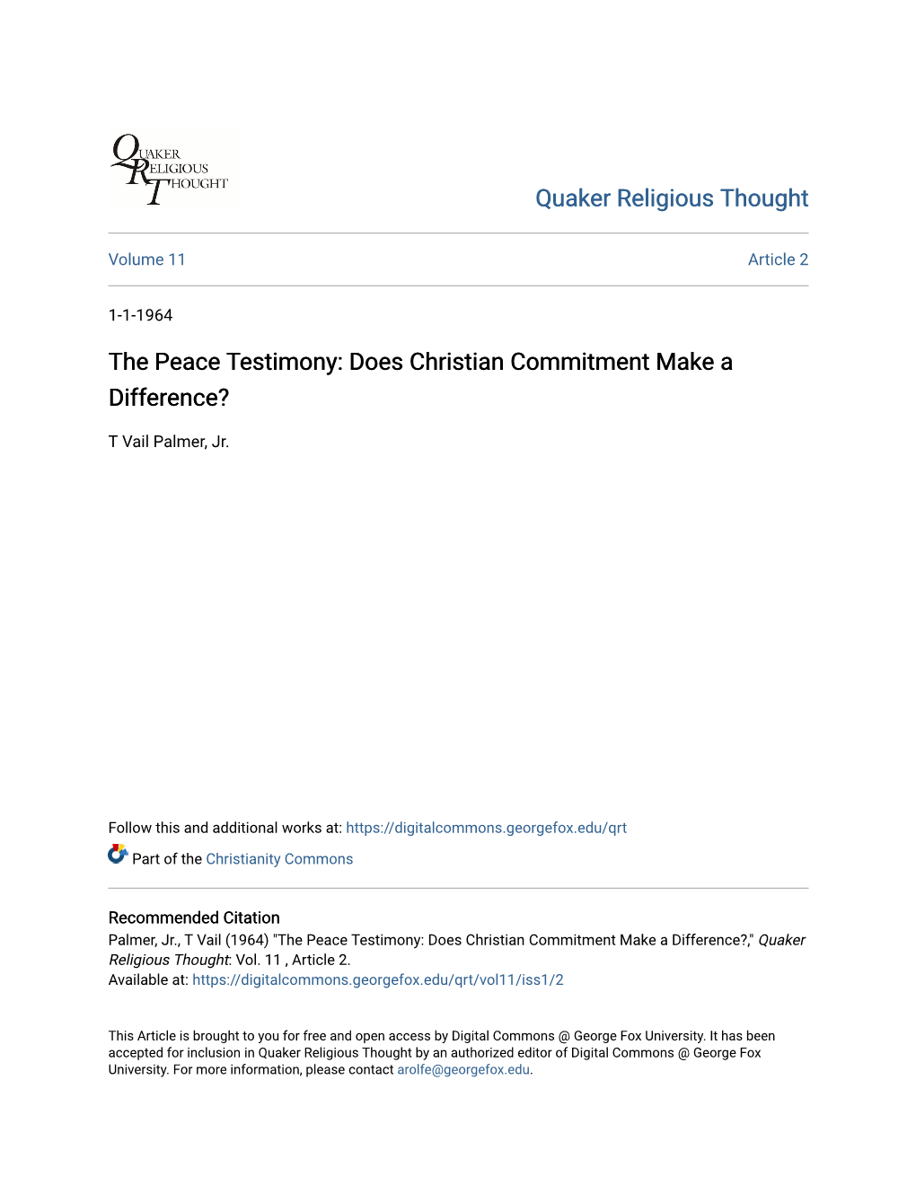 The Peace Testimony: Does Christian Commitment Make a Difference?