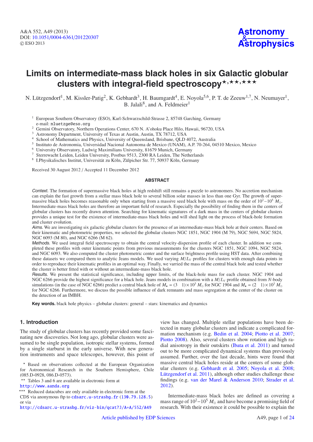 Limits on Intermediate-Mass Black Holes in Six Galactic Globular Clusters with Integral-ﬁeld Spectroscopy�,��,�