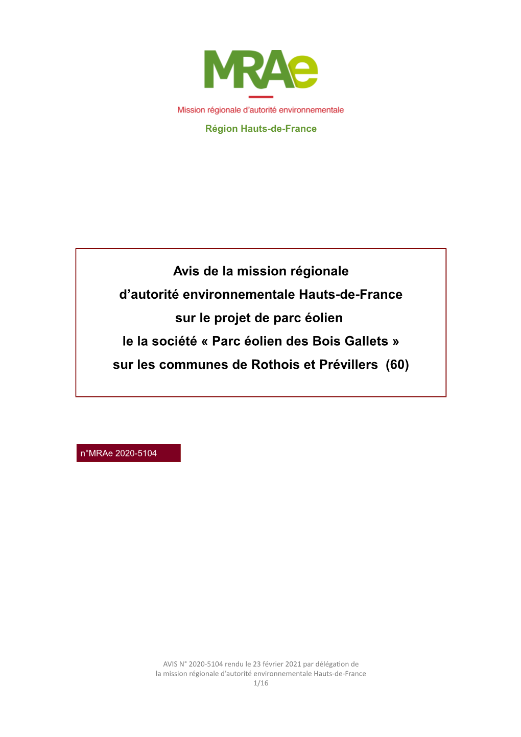 Avis De La Mission Régionale D'autorité Environnementale Hauts