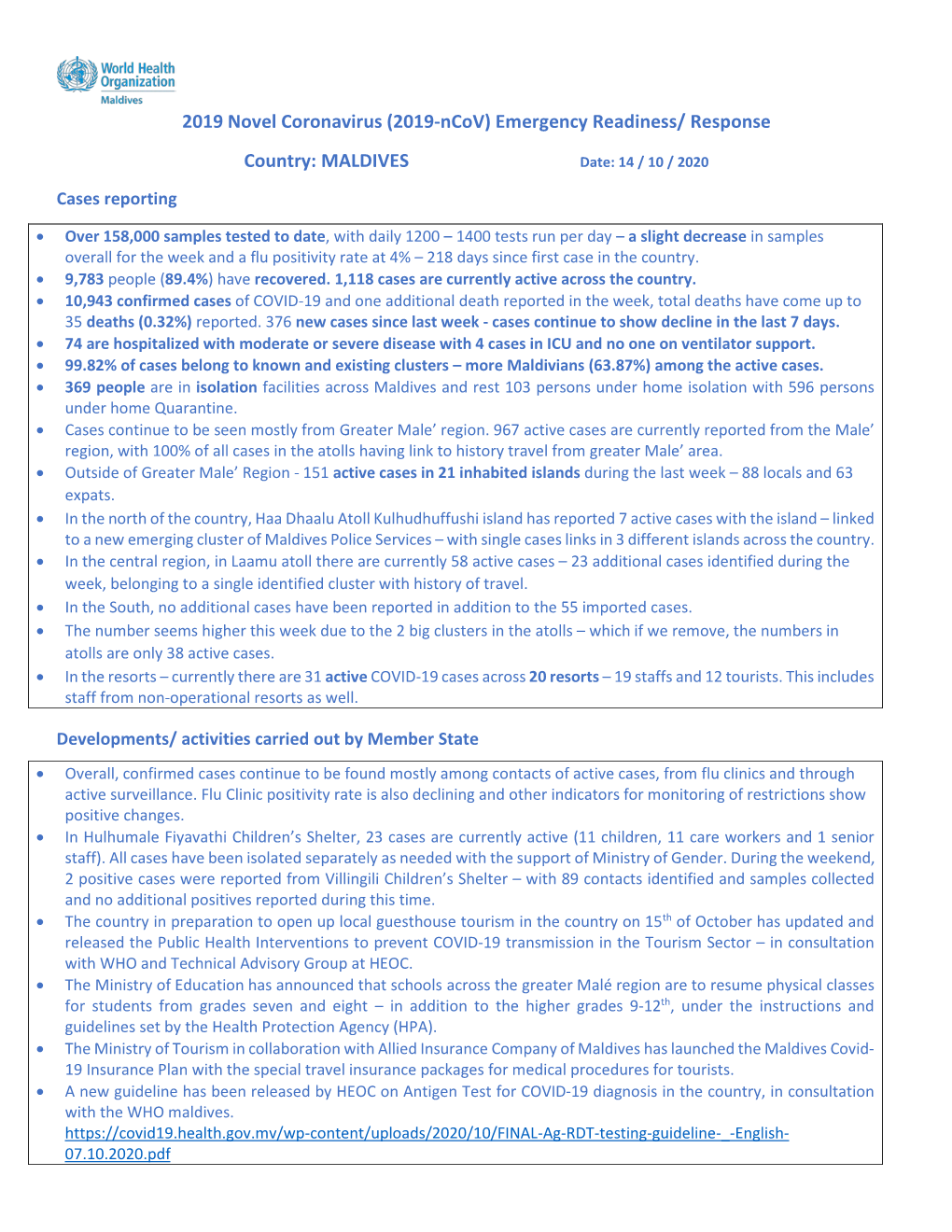 2019 Novel Coronavirus (2019-Ncov) Emergency Readiness/ Response Country: MALDIVES