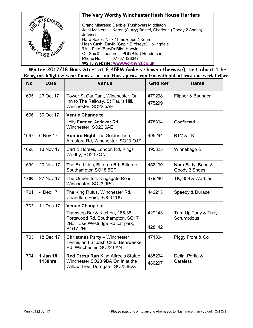 Winter 2017/18 Runs Start at 6.45PM (Unless Shown Otherwise), Last About 1 Hr