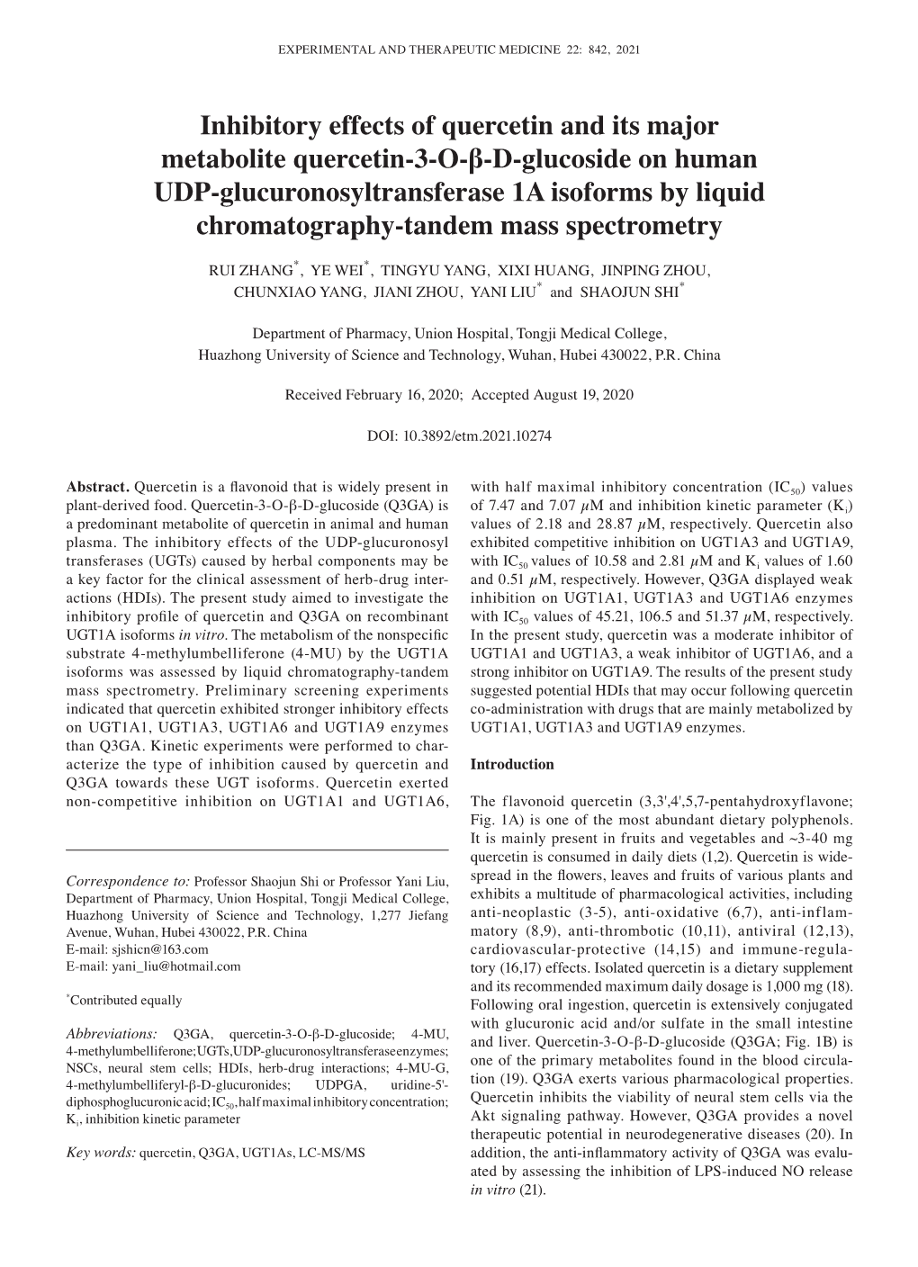 Inhibitory Effects of Quercetin and Its Major