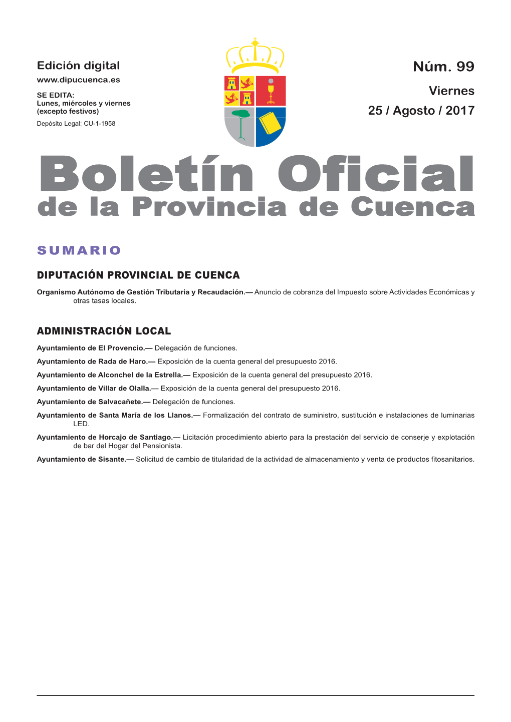 Boletín Oficial De La Provincia De Cuenca Sumario Diputación Provincial De Cuenca