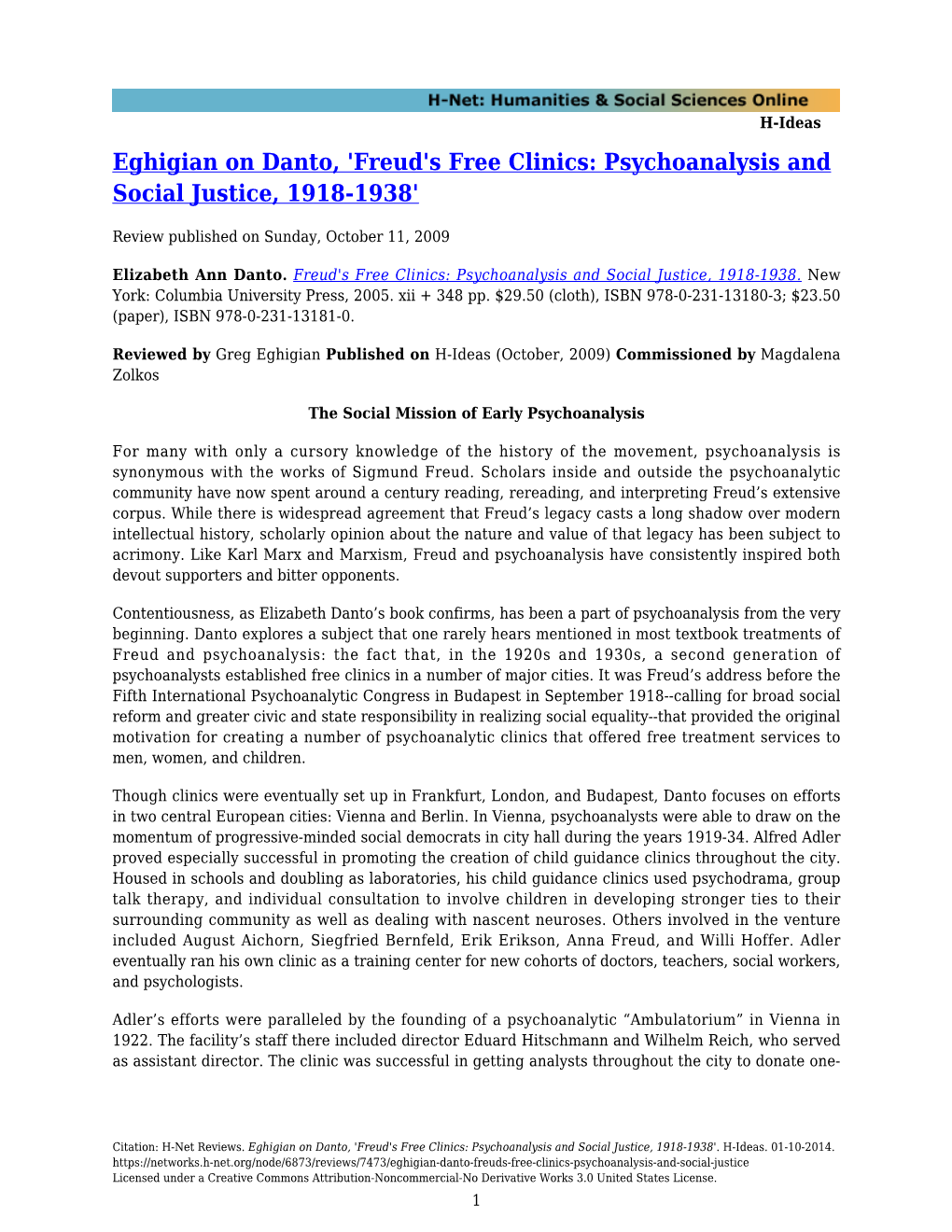 'Freud's Free Clinics: Psychoanalysis and Social Justice, 1918-1938'