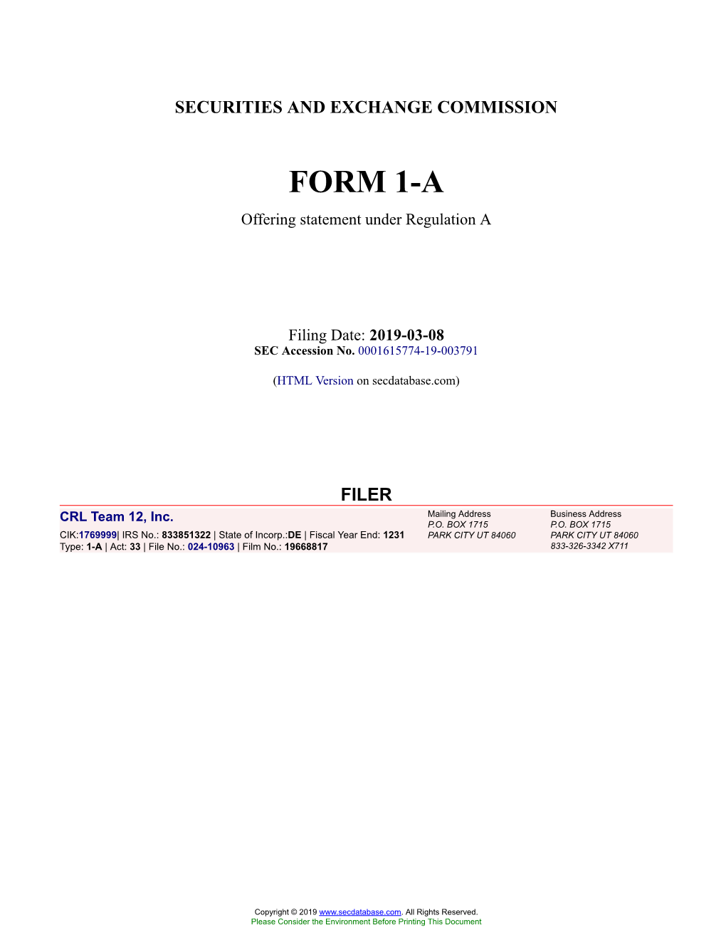 CRL Team 12, Inc. Form 1-A Filed 2019-03-08
