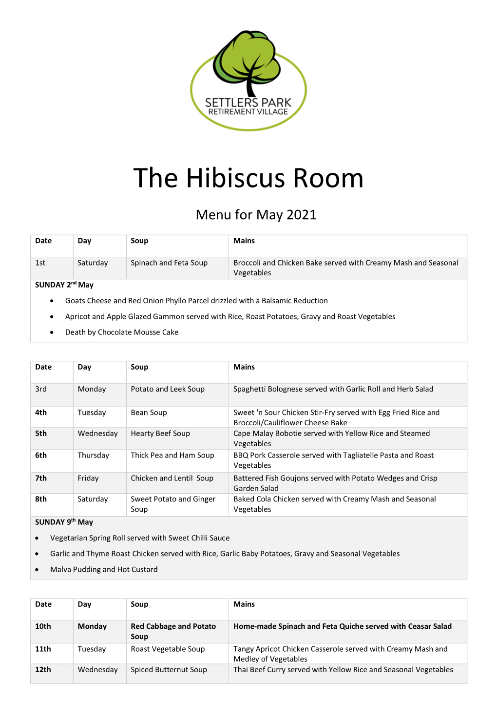 The Hibiscus Room Menu for May 2021