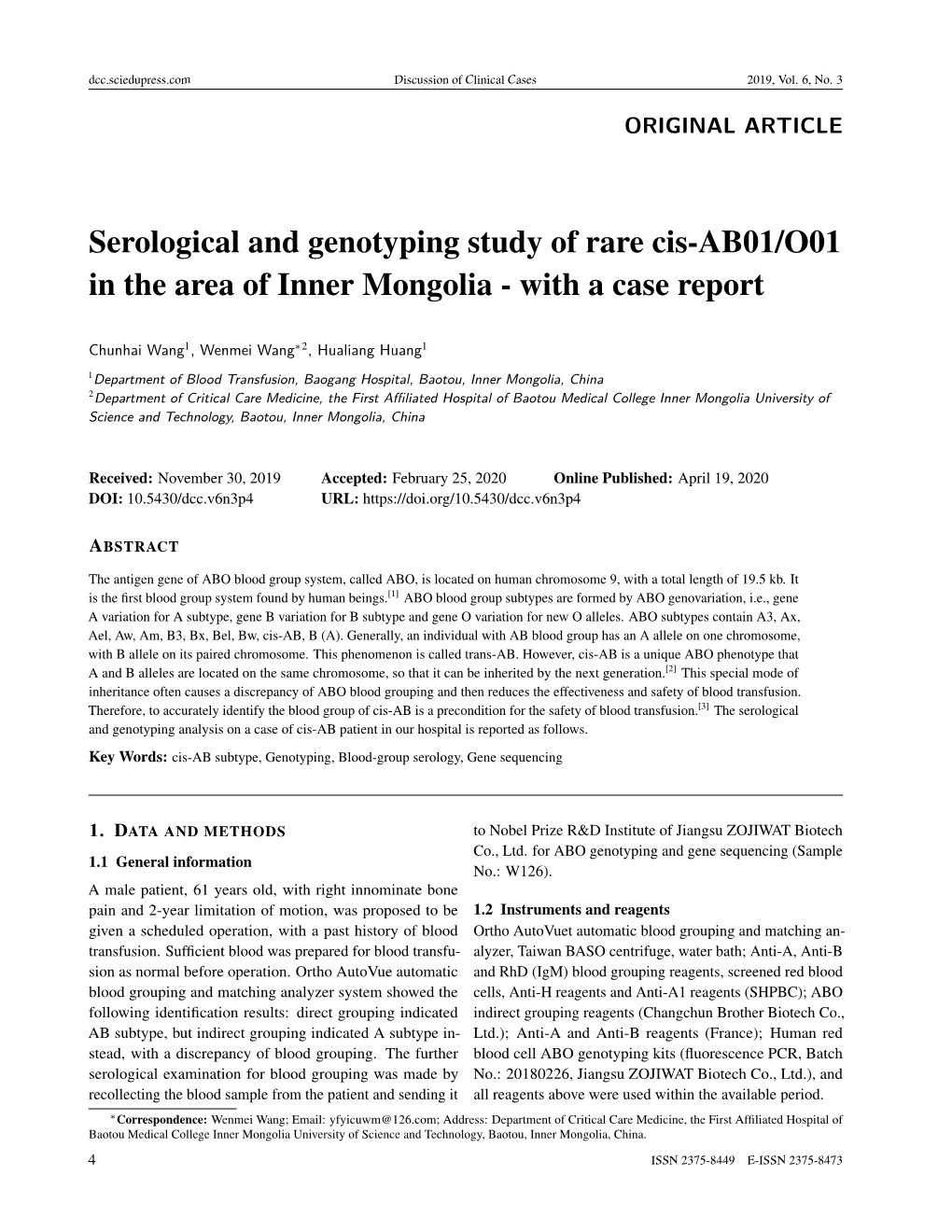 Serological and Genotyping Study of Rare Cis-AB01/O01 in the Area of Inner Mongolia - with a Case Report