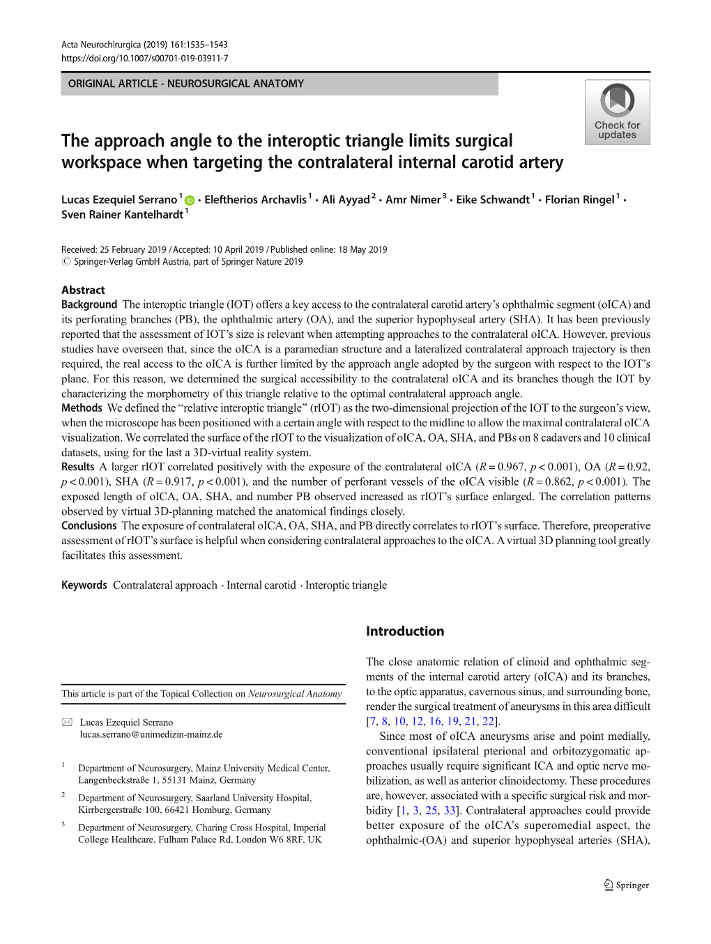 The Approach Angle to the Interoptic Triangle Limits Surgical Workspace When Targeting the Contralateral Internal Carotid Artery