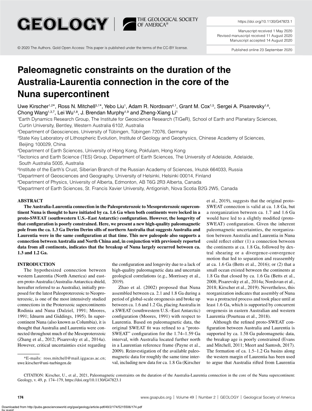 Paleomagnetic Constraints on the Duration of the Australia-Laurentia Connection in the Core of the Nuna Supercontinent Uwe Kirscher1,2*, Ross N