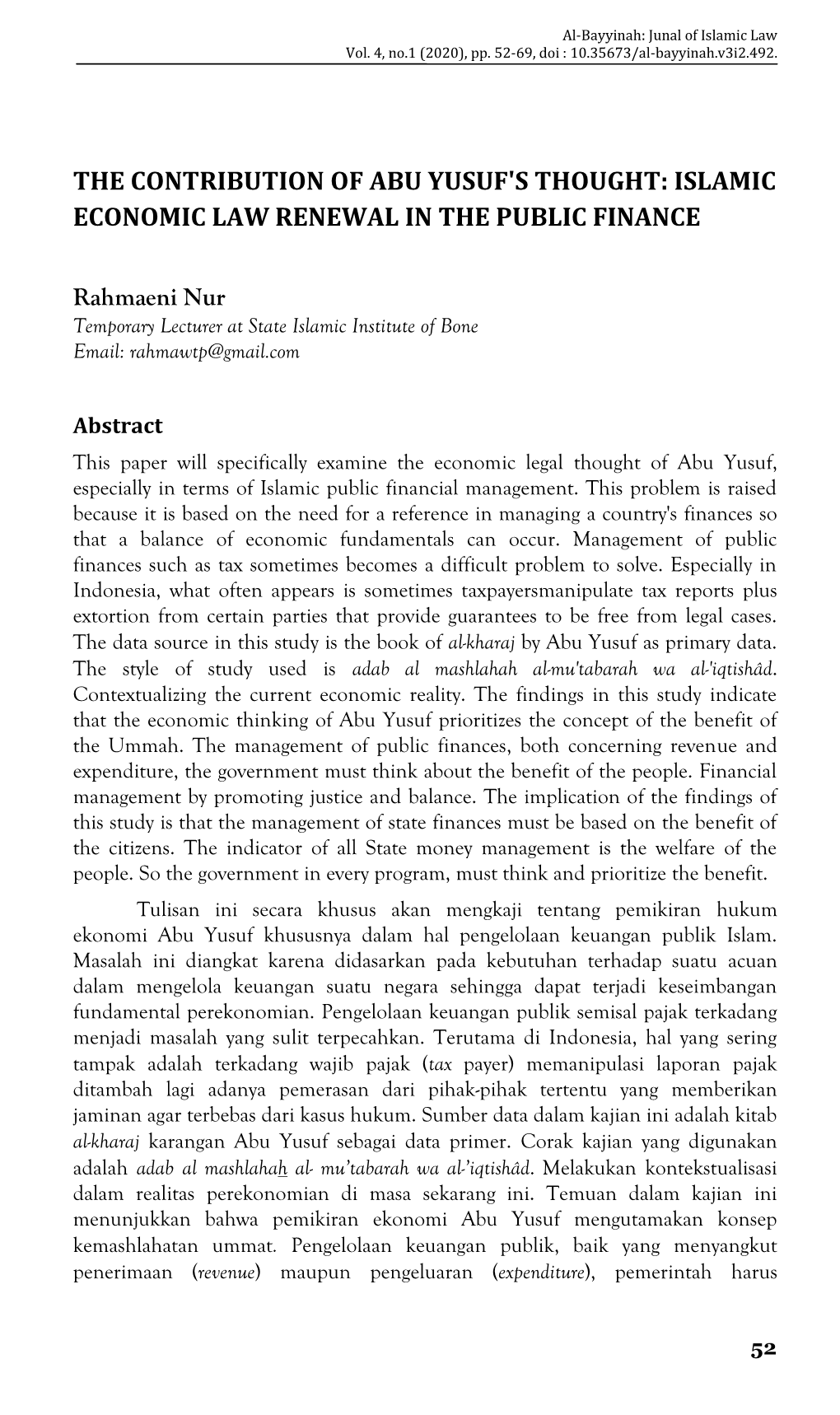 The Contribution of Abu Yusuf's Thought: Islamic Economic Law Renewal in the Public Finance