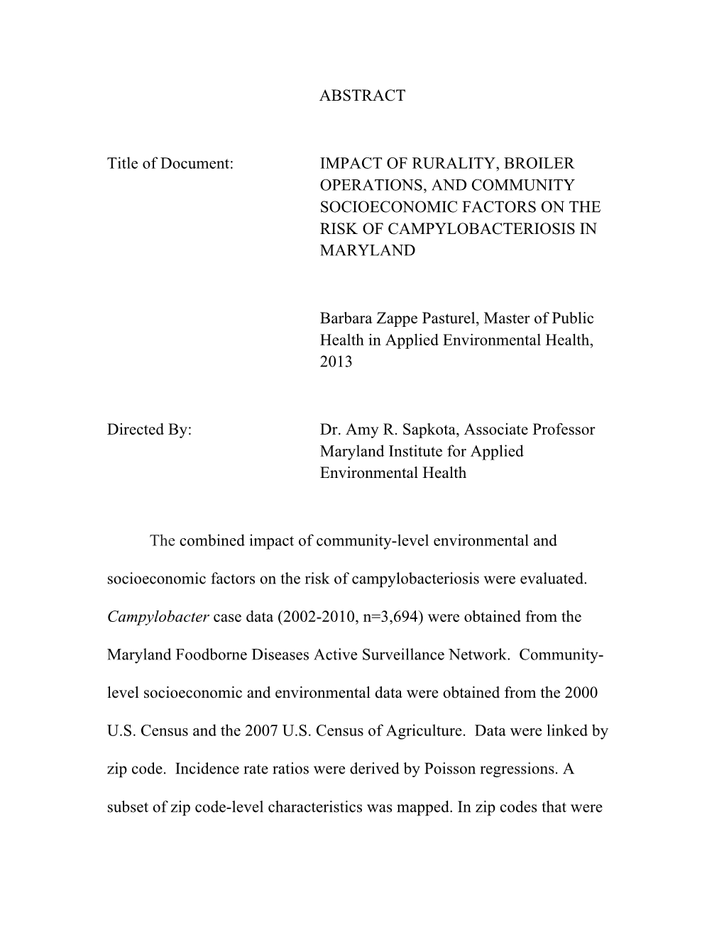 Impact of Rurality, Broiler Operations, and Community Socioeconomic Factors on the Risk of Campylobacteriosis in Maryland