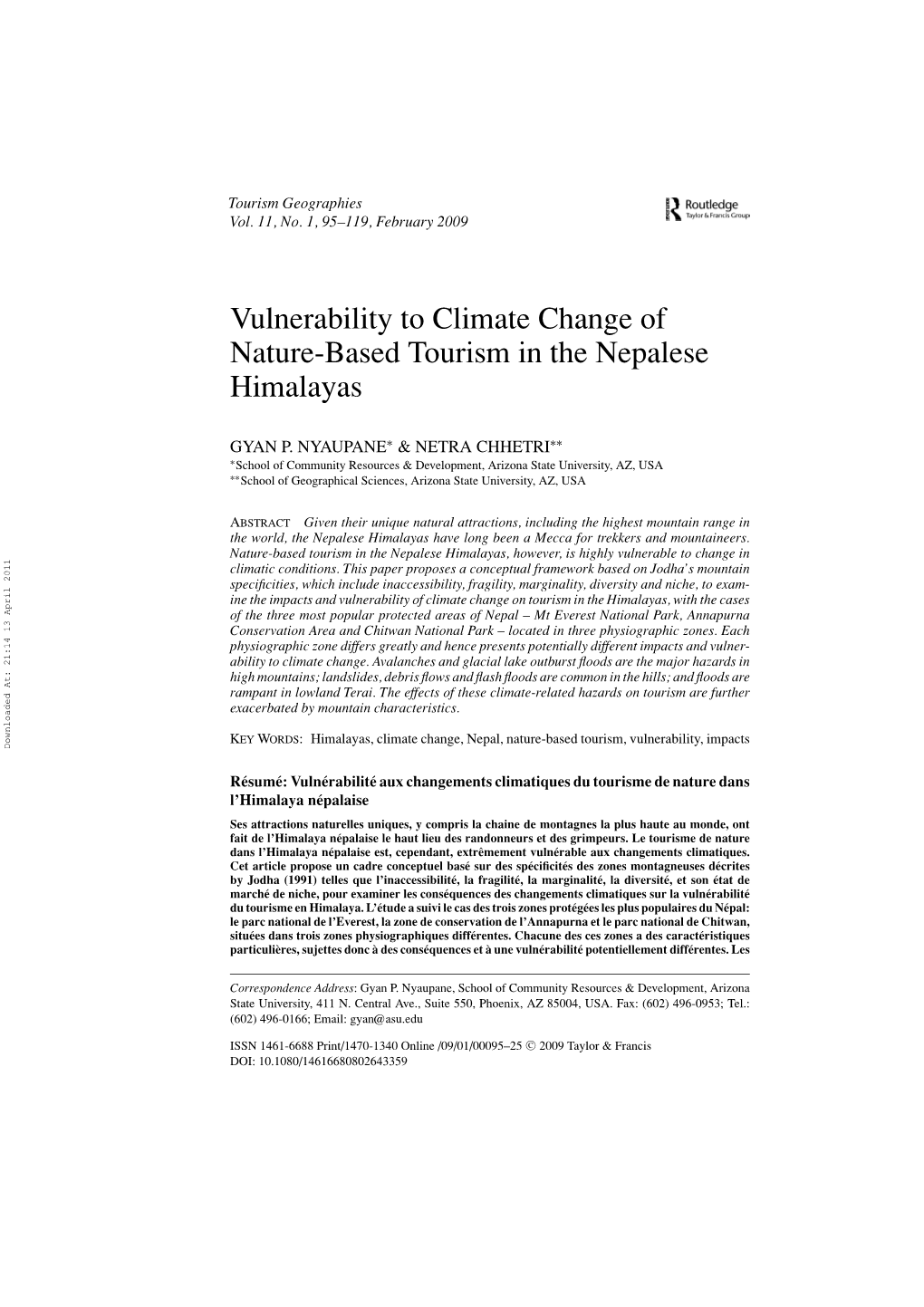 Vulnerability to Climate Change of Nature-Based Tourism in the Nepalese Himalayas