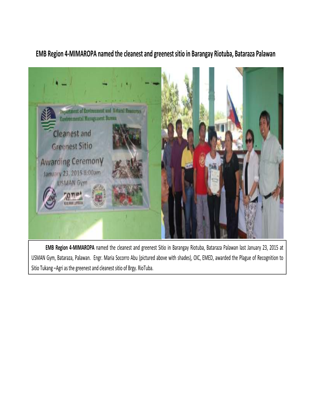 EMB Region 4-MIMAROPA Named the Cleanest and Greenest Sitio in Barangay Riotuba, Bataraza Palawan