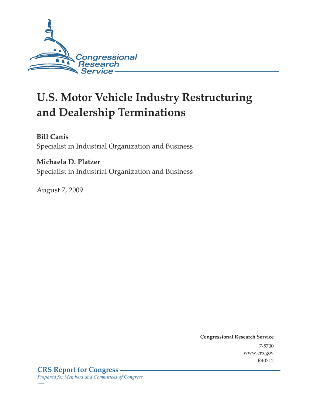 U.S. Motor Vehicle Industry Restructuring and Dealership Terminations