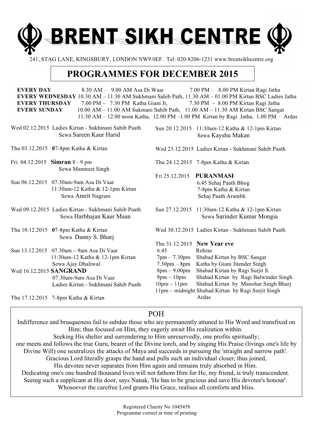 PROGRAMMES for DECEMBER 2015 A