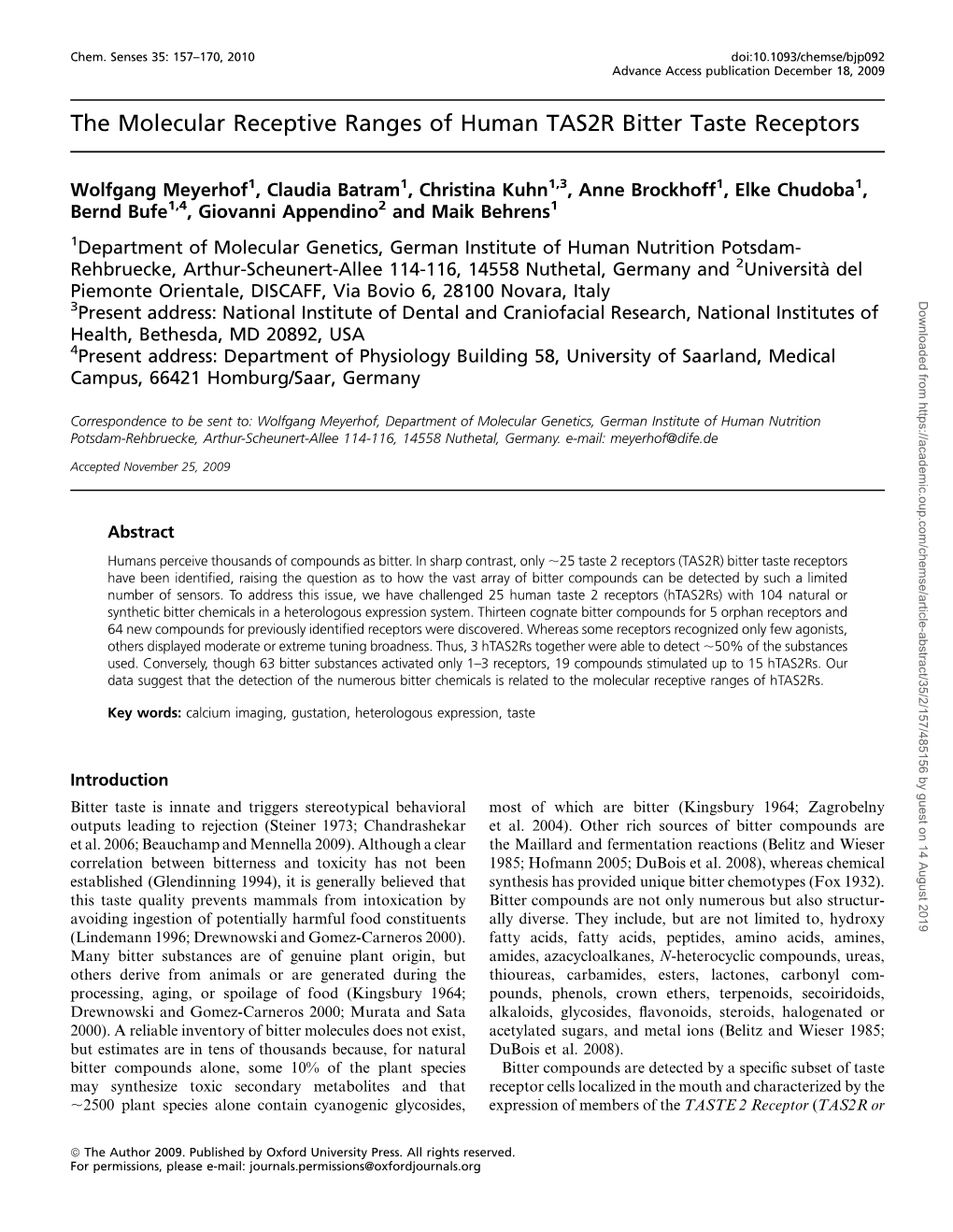 The Molecular Receptive Ranges of Human TAS2R Bitter Taste Receptors