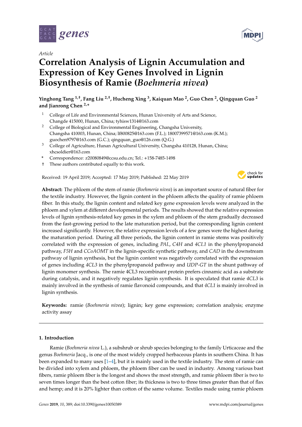 Correlation Analysis of Lignin Accumulation and Expression of Key Genes Involved in Lignin Biosynthesis of Ramie (Boehmeria Nivea)