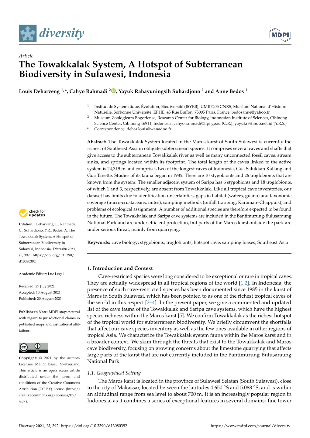 The Towakkalak System, a Hotspot of Subterranean Biodiversity in Sulawesi, Indonesia