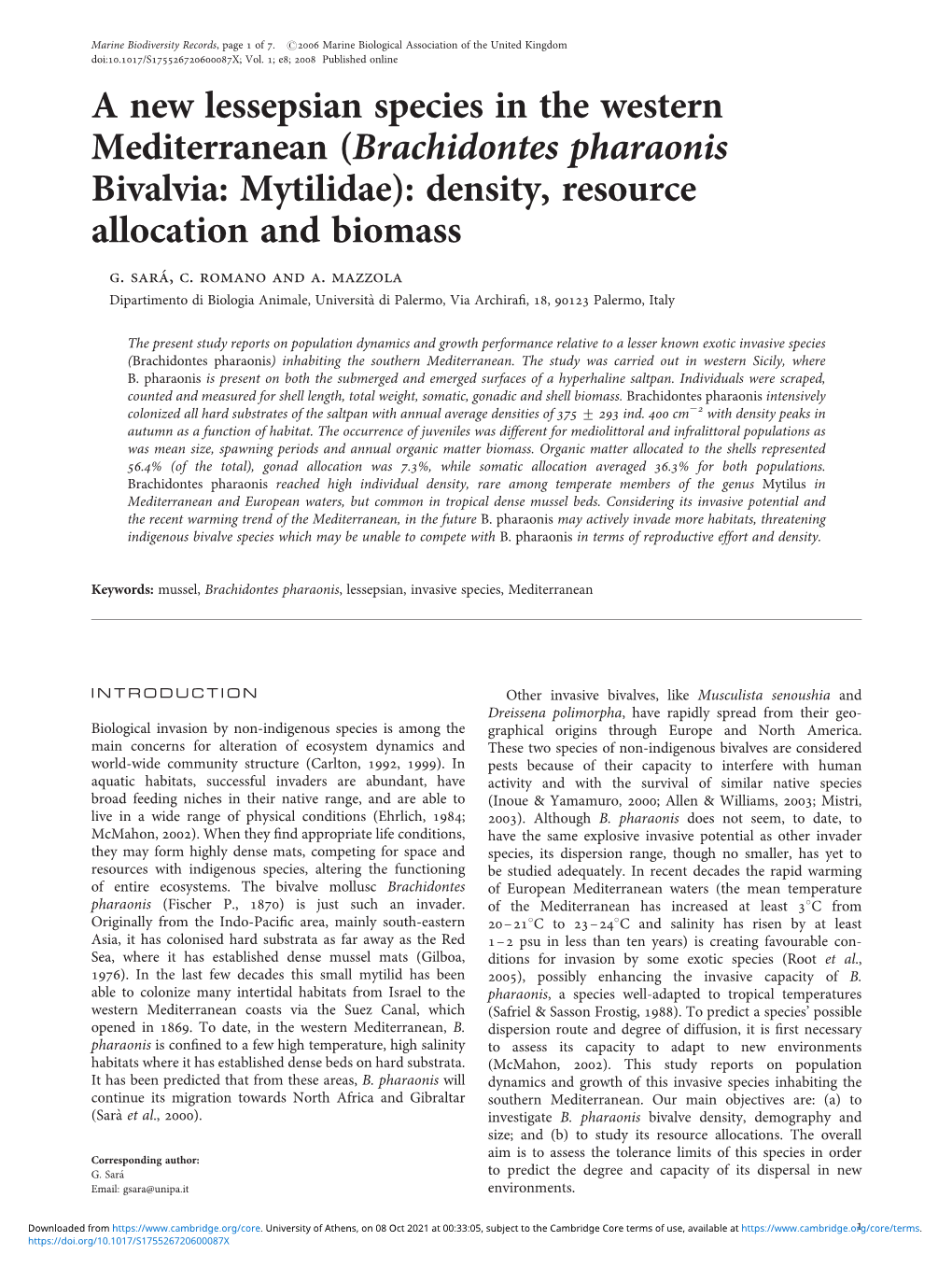 A New Lessepsian Species in the Western Mediterranean (Brachidontes Pharaonis Bivalvia: Mytilidae): Density, Resource Allocation and Biomass G