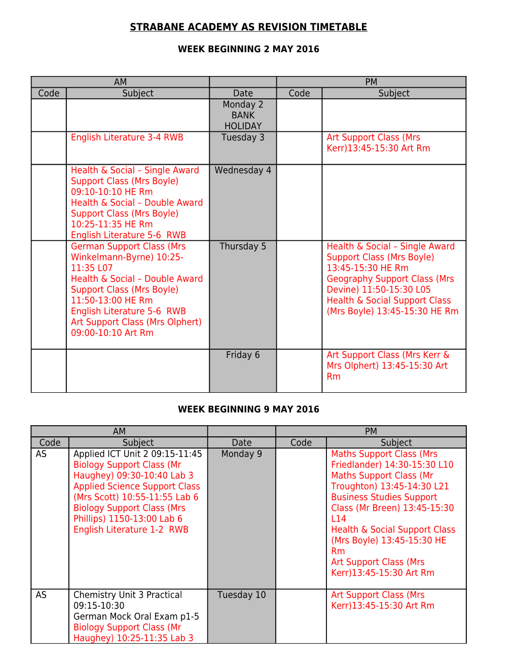 Strabane Academy As Revision Timetable