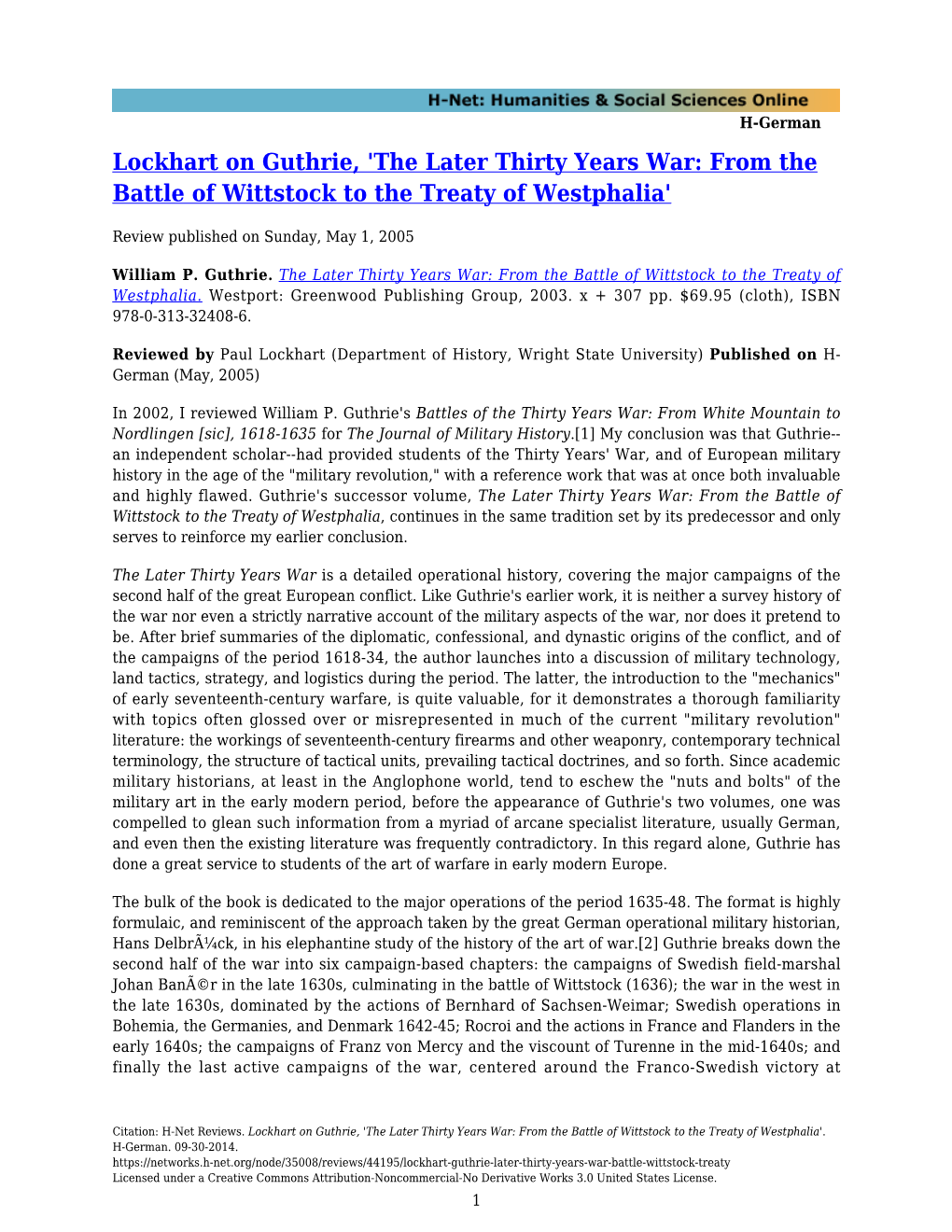 Lockhart on Guthrie, 'The Later Thirty Years War: from the Battle of Wittstock to the Treaty of Westphalia'
