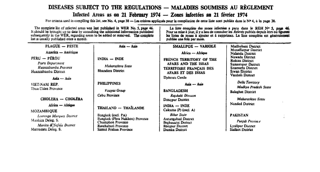 DISEASES SUBJECT to the REGULATIONS — MALADIES SOUMISES AU RÈGLEMENT Infected Areas As on 21 February 1974 — Zones Infecté