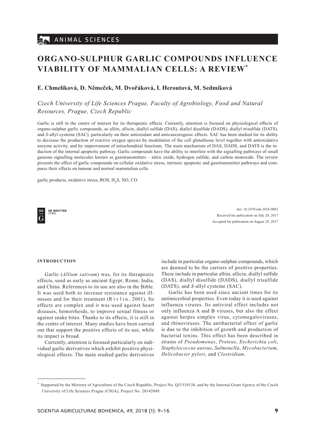 Organo-Sulphur Garlic Compounds Influence Viability of Mammalian Cells: a Review*