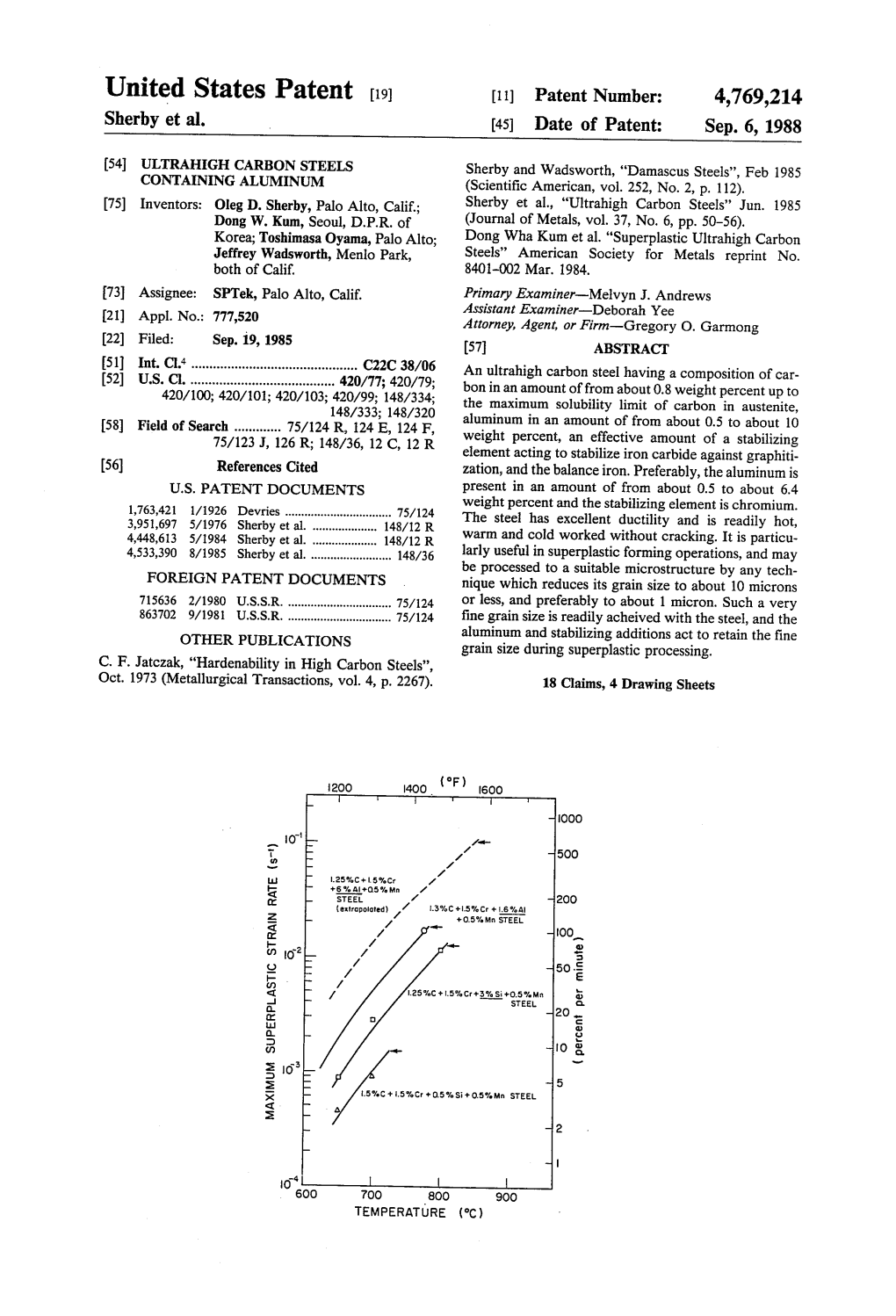 United States Patent (19) 11) Patent Number: 4,769,214 Sherby Et Al