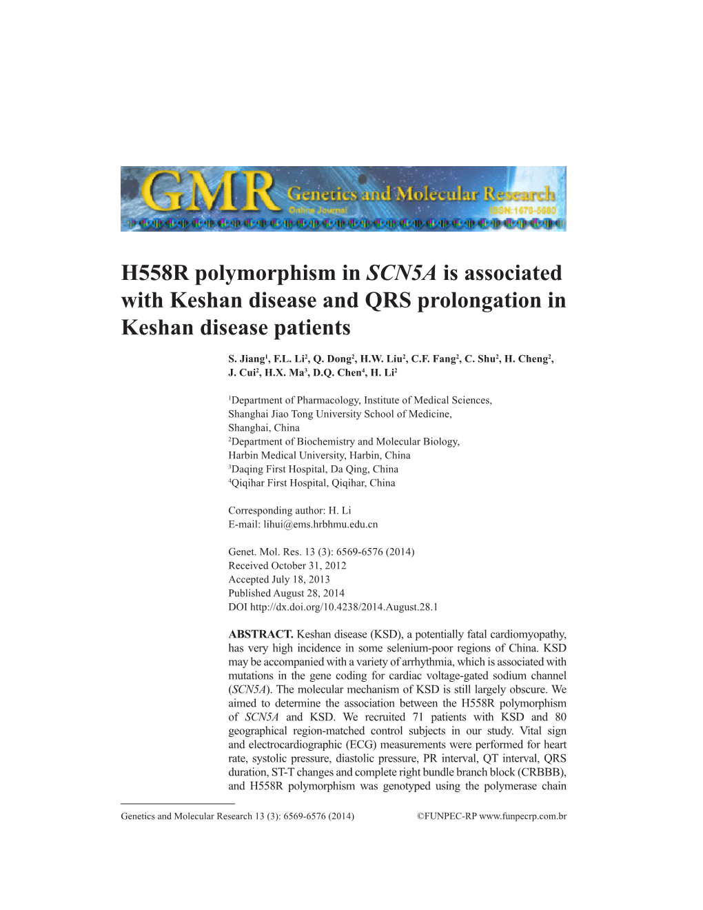 H558R Polymorphism in SCN5A Is Associated with Keshan Disease and QRS Prolongation in Keshan Disease Patients