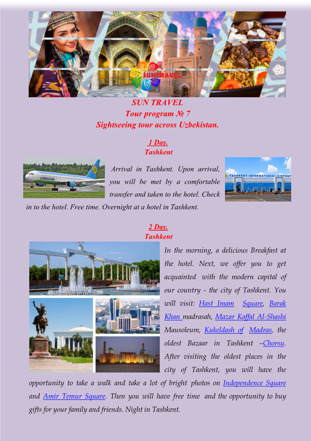 SUN TRAVEL Tour Program № 7 Sightseeing Tour Across Uzbekistan