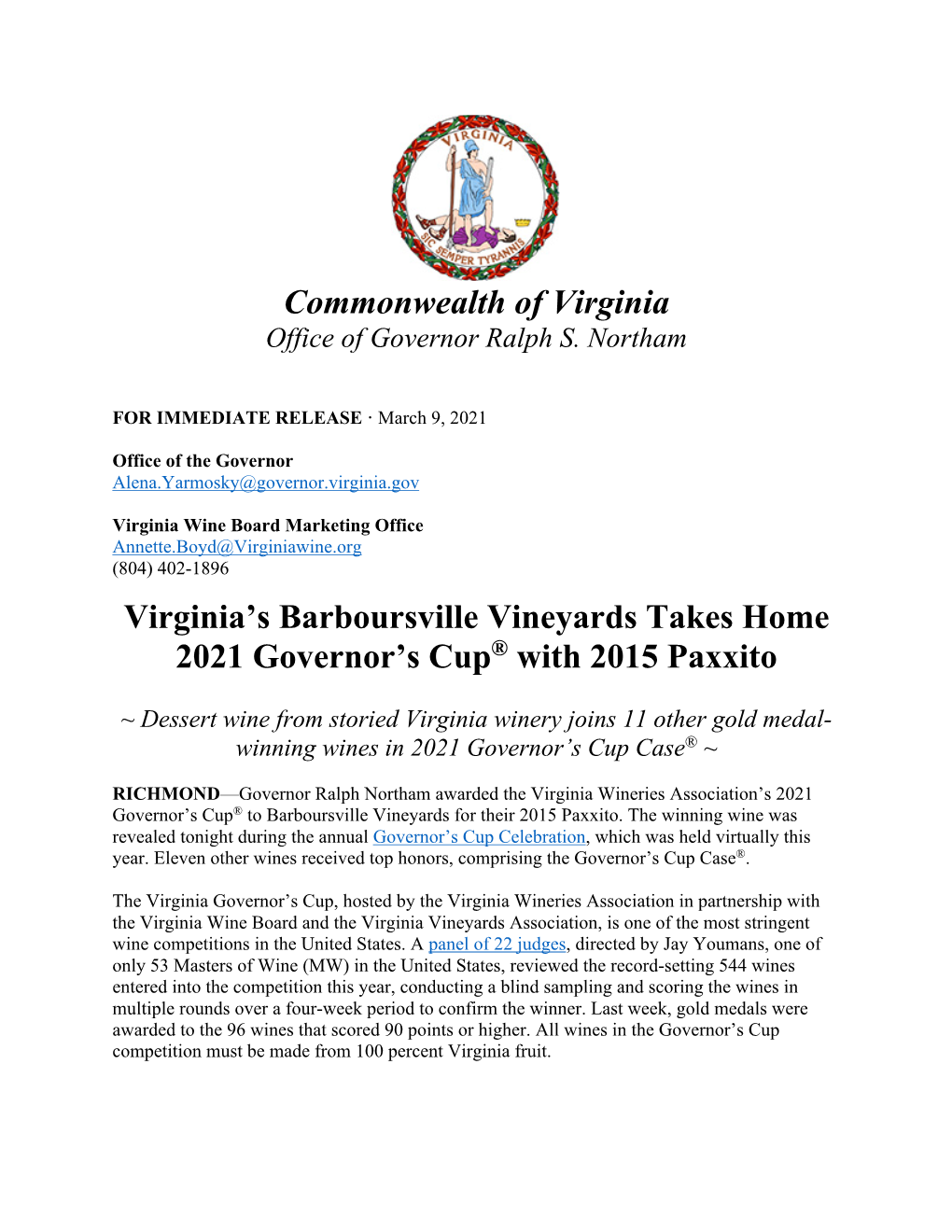 Commonwealth of Virginia Virginia's Barboursville Vineyards Takes